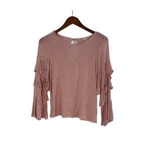 GB Womens Size S Long Sleeve Top Ruffle Stretch Red White Stripe Casual Career